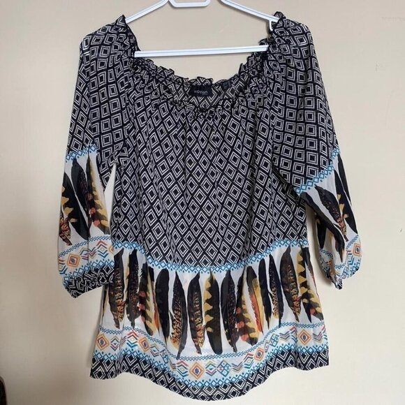 Tchibo Boho Print Peasant Top Sz 42 Feather Hem Tribal Pattern - Picture 1 of 8